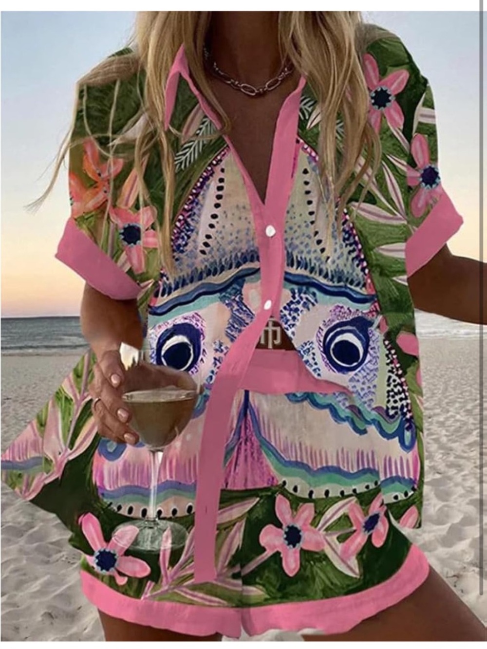 Pink Floral Printed Button-Up Women’s Top 2 piece set